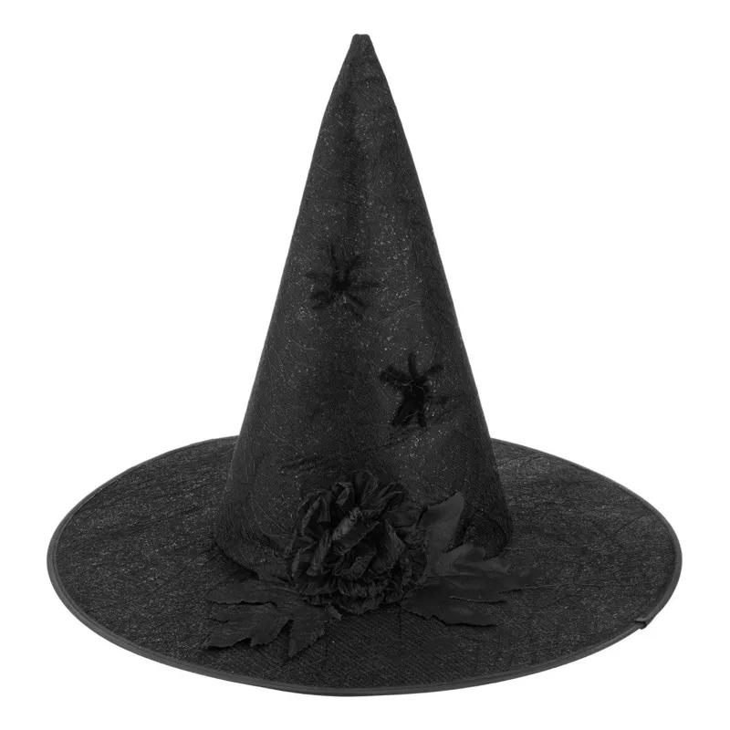 Pălărie Halloween Vrajitoare Negru cu Trandafir Glitter și Păianjeni, Poliester