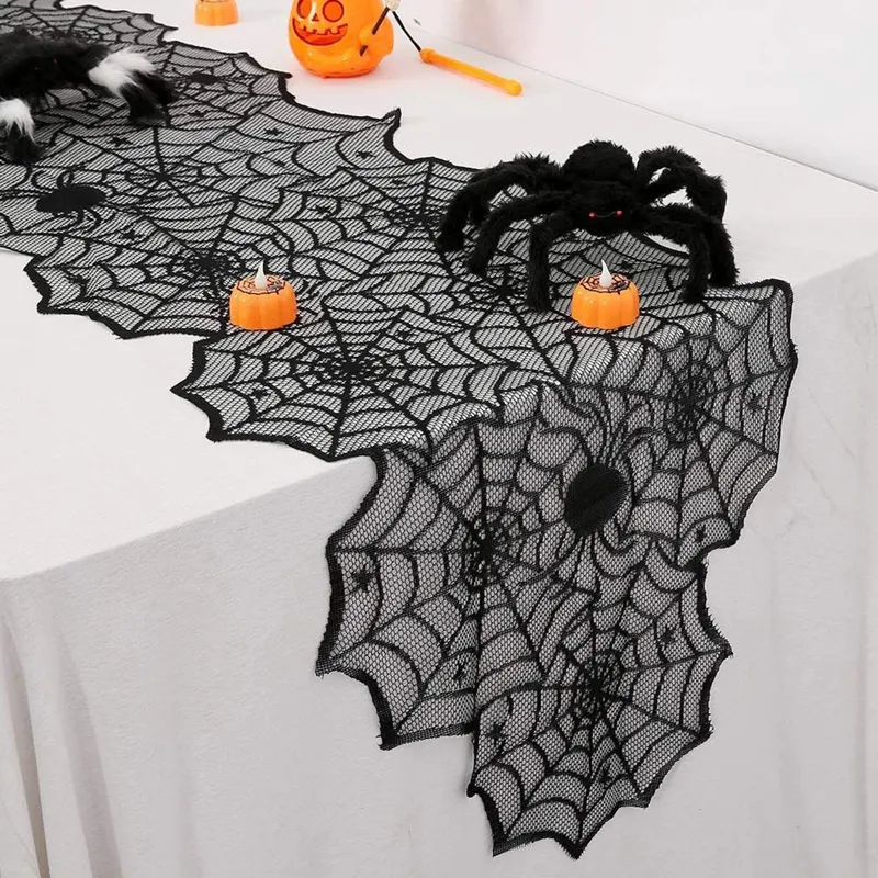 Napron Decorativ de Halloween cu Dantelă și Paianjeni, 183x45cm, Negru
