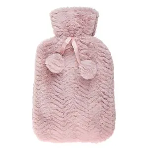 Husa Roz Blană Artificială Zigzag Pompon pentru Sticla de Apă Caldă 2L
