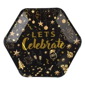 Farfurii de petrecere hexagonale din carton negru cu mesaj aurie pentru Revelion