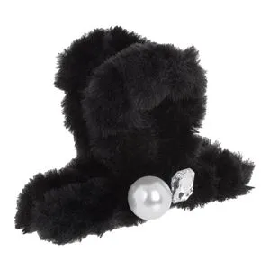 Clamă de păr cu blană artificială neagră, mărgea albă și piatră, 9.5 cm