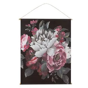 Tablou Textil Floral Negru cu Suporturi din Lemn - Stil Vintage Exotic