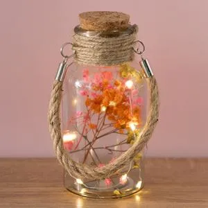 Sticlă decorativă de masă cu 10 becuri LED și flori uscate, Ø8x17cm