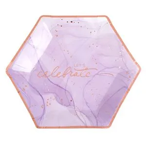 Farfurii hexagonale din carton, Lila Marble cu folie aurie, 23cm, 6 buc