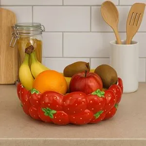 Bol Decorativ din Ceramică cu Model Căpșuni, Roșu, 1.5L, Ø24x8cm