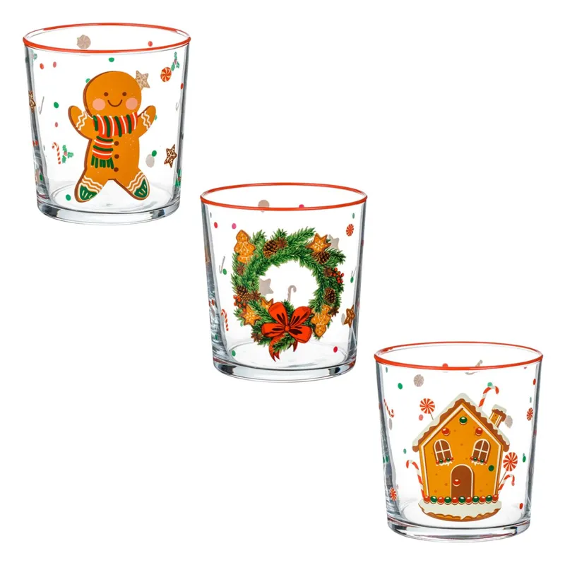 Set Pahare Sticlă Transparentă Gingerbread Crăciun 3 Bucăți