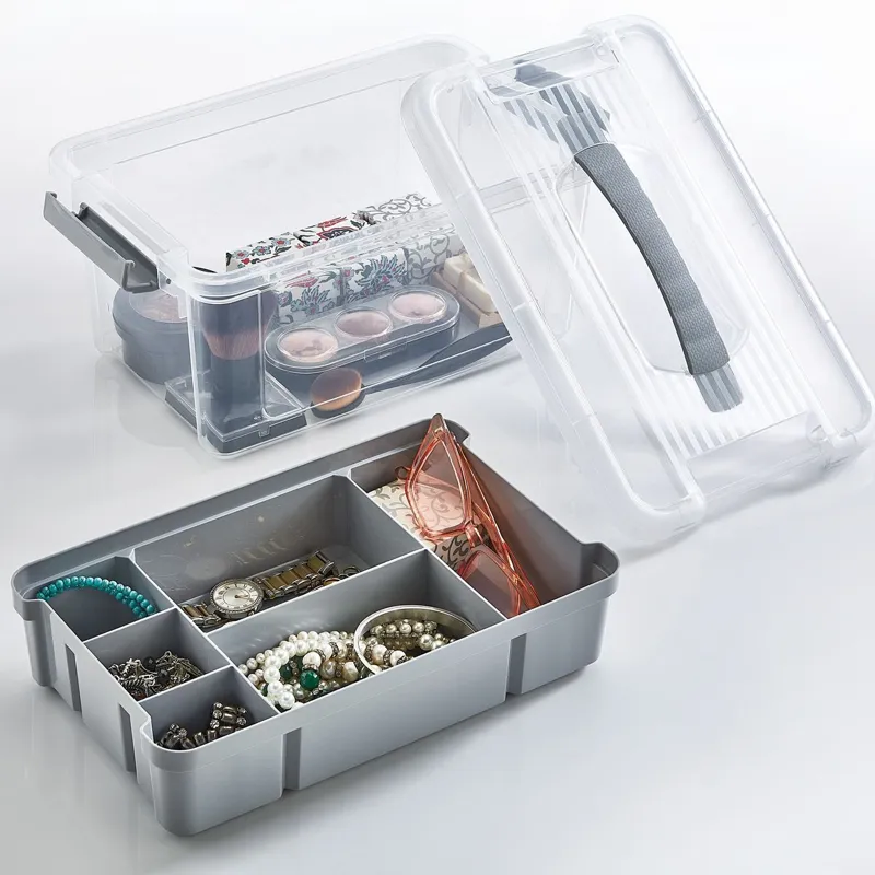 Cutie organizator cu raft compartimentat, capac transparent și mâner, 5L – poza 3