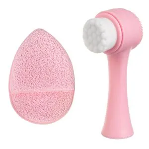 Set de curățare facială cu perie moale, perie din silicon și burete exfoliant, 3 piese, roz