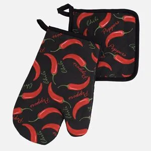 Set Mănușă și Șervețel de Bucătărie Negre cu Model Chilli, 2 buc