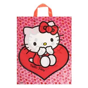 Pungă cadou din plastic, Roz, 40x10x50cm, cu model Hello Kitty și mânere scurte