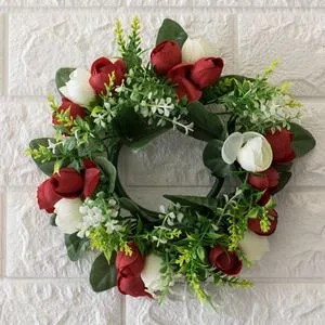Coroniță decorativă de primăvară cu flori roșii și albe, Ø21 cm