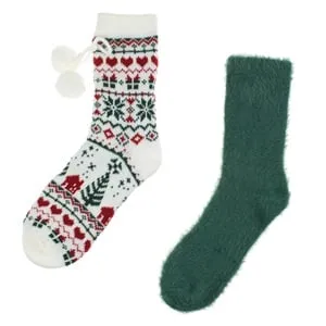 Sosete pufoase de Craciun pentru femei, model Jacquard verde și ecru