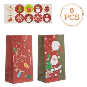 Set 8 Pungi de Craciun din Carton cu Mos Craciun si Autocolante, 14.5x9x27cm, Rosii