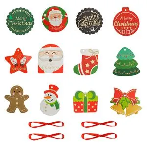 Set 12 Etichete de Crăciun cu Panglici, Modele Diverse, Auriu și Roșu