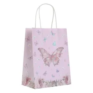 Sacoșă cadou din hârtie kraft roz cu model fluture și glitter