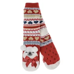 Sosete de Craciun Rosii Ursulet cu Blană Albă – Accesorii pentru Femei