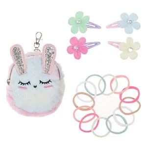 Set accesorii par copii, Poseta Iepuras cu Blana Artificiala, 4 Clame Flori si 12 Elastice, 17 buc, Multicolor