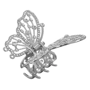 Clamă de păr fluture metalic argintiu cu strass pentru femei, 6 cm – poza 2