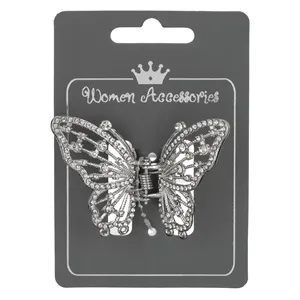 Clamă de păr fluture metalic argintiu cu strass pentru femei, 6 cm – poza 3