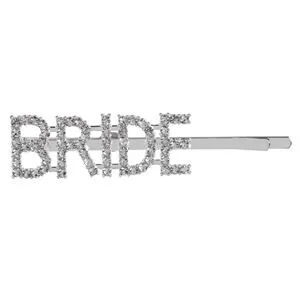 Agrafa de par argintie cu strasuri si textul Bride, 7 cm