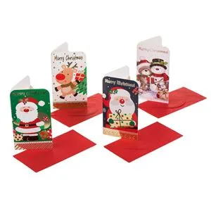 Set Felicitări de Crăciun cu Buzunar pentru Bani, 4 Modele Diferite, 9x16 cm, cu Plicuri Roșii