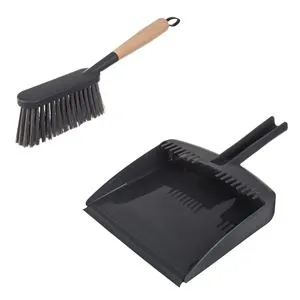 Set Faras și Perie Gri din Plastic cu Maner din Bambus