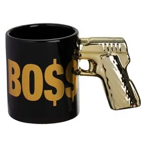 Cana Decorativă Neagră Ceramică cu Maner Pistol 3D și Imprimare Aurie