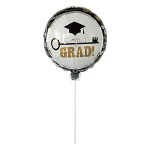 Balon de Petrecere din Folie cu Mesaj "Congratulations Grad!", Alb-Negru cu Auriu, 55x35cm, cu Stick