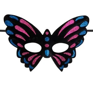 Masca deghizare fluture, neagra cu sclipici albastru si fucsia, textil, pentru adulti