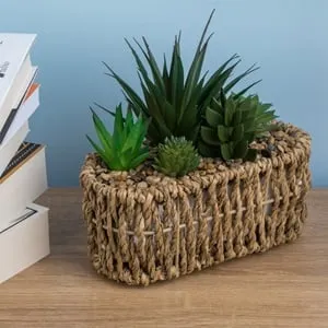 Ghiveci decorativ oval din paie cu 5 plante artificiale, 19x8x17 cm – poza 2