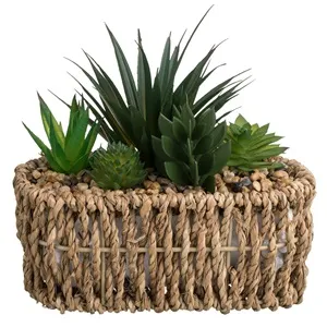 Ghiveci decorativ oval din paie cu 5 plante artificiale, 19x8x17 cm – poza 3