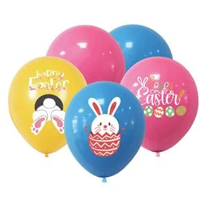 Baloane de Paste cu Iepurasi, 30 cm, 10 buc, Galben, Albastru si Roz