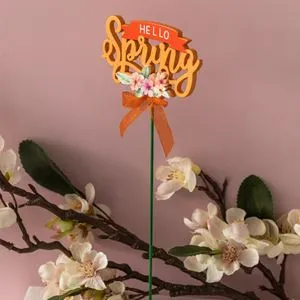 Stick decorativ din lemn cu mesaj Hello Spring, 26 cm, portocaliu