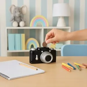 Pusculita din Lut, Forma Aparat Foto, 16x8x8cm, Neagra