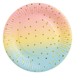 Set farfurii de carton ombre roz bleu cu buline aurie Ø18cm