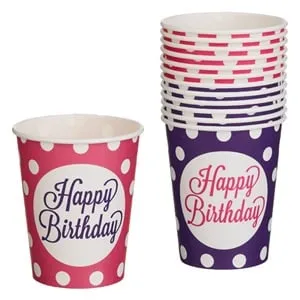 Pahare de Petrecere din Carton Fucsia Mov cu Buline "Happy Birthday" 240ml - 12buc