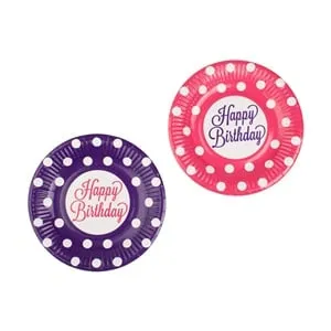 Farfurii de petrecere carton fucsia mov cu buline Happy Birthday