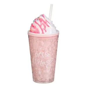 Pahar din Plastic cu Capac și Pai, Model Ice Cream, 450 ml, Roz – poza 2