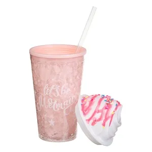Pahar din Plastic cu Capac și Pai, Model Ice Cream, 450 ml, Roz – poza 3
