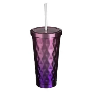 Pahar Metalic Roz cu Pai și Capac – Model Forjat 500ml