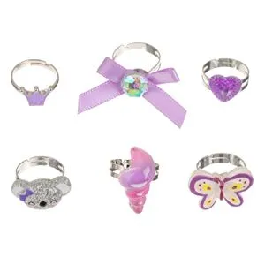 Set 6 Inele Reglabile pentru Copii cu Figurine Lila în Cutie
