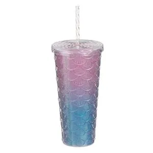 Pahar din Plastic cu Perete Dublu, 680 ml, Model Sirena, cu Pai si Capac