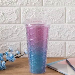 Pahar din Plastic cu Pai și Capac 680ml, Model Sirenă Ombre – poza 3