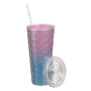 Pahar din Plastic cu Pai și Capac 680ml, Model Sirenă Ombre – poza 4
