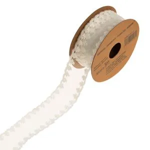 Panglică din tul cu model dantelă, 3m x 30mm, Ecru