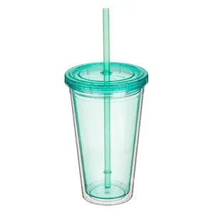 Pahar Plastic cu Perete Dublu, Capac și Pai Turcoaz 500ml