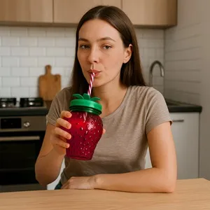 Pahar din Sticlă în Formă de Căpșună 3D cu Pai, 450 ml – poza 3