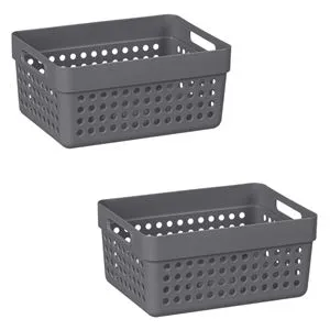 Set 2 Coșuri de Depozitare din Plastic, Antracit, Perforate, cu Mânere, 1,25 L