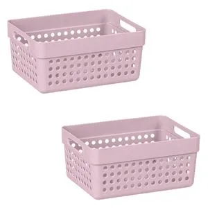 Set Coșuri de Depozitare din Plastic, Perforate, cu Mânere, 1,25 L, 2 buc, Roz