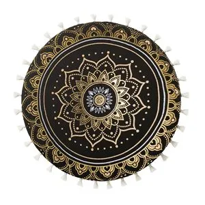 Pernă decorativă rotundă, Neagră cu Model Mandala și Detalii Aurii, Ø40cm